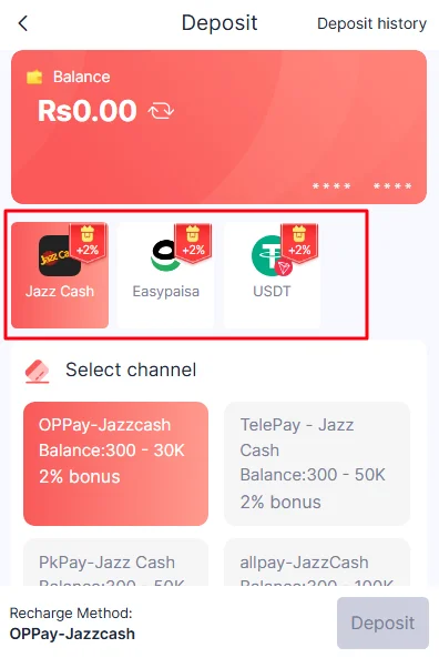 Select the deposit payment method